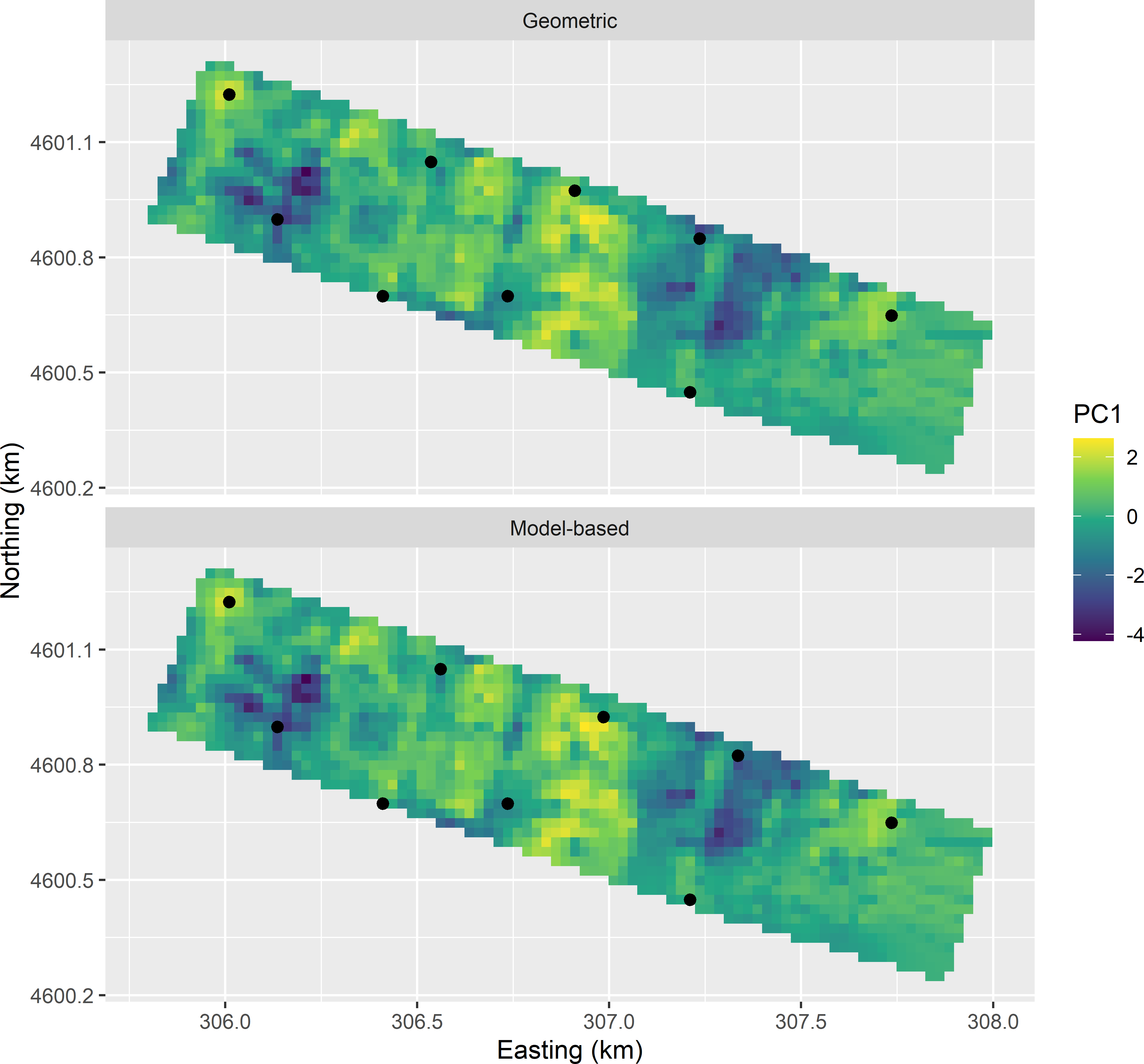 CCRSD sample from the Cotton Research Farm, optimised with the geometric and the model-based criterion, plotted on a map of the first standardised principal component (PC1).