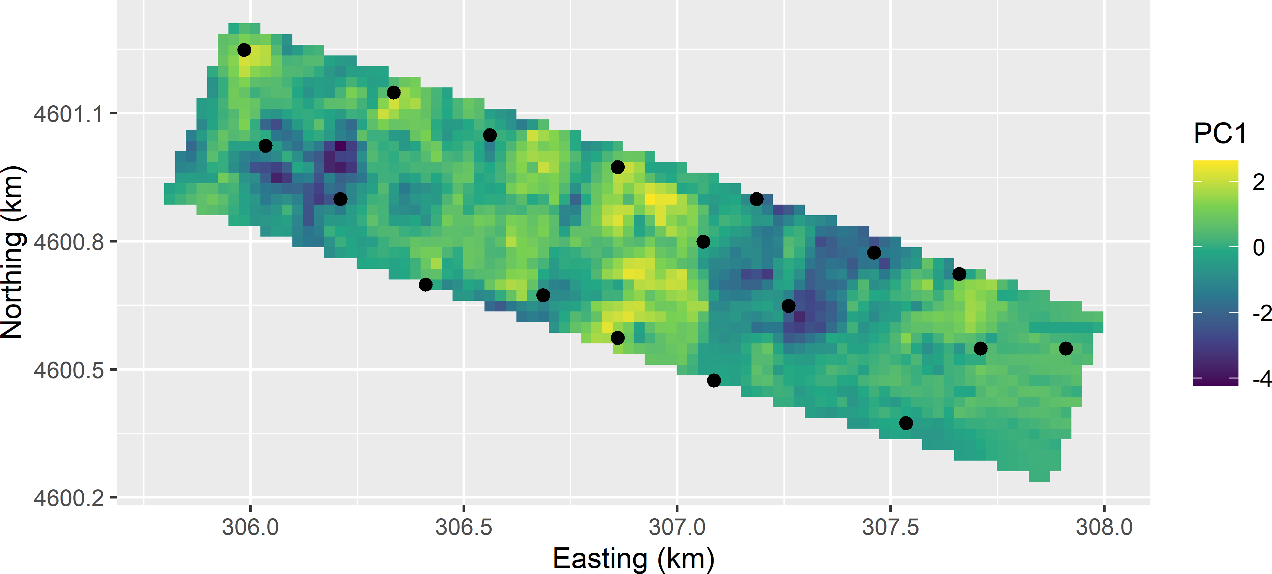 CCRSD sample with two points per design point, from the Cotton Research Farm, plotted on a map of the first standardised principal component (PC1).