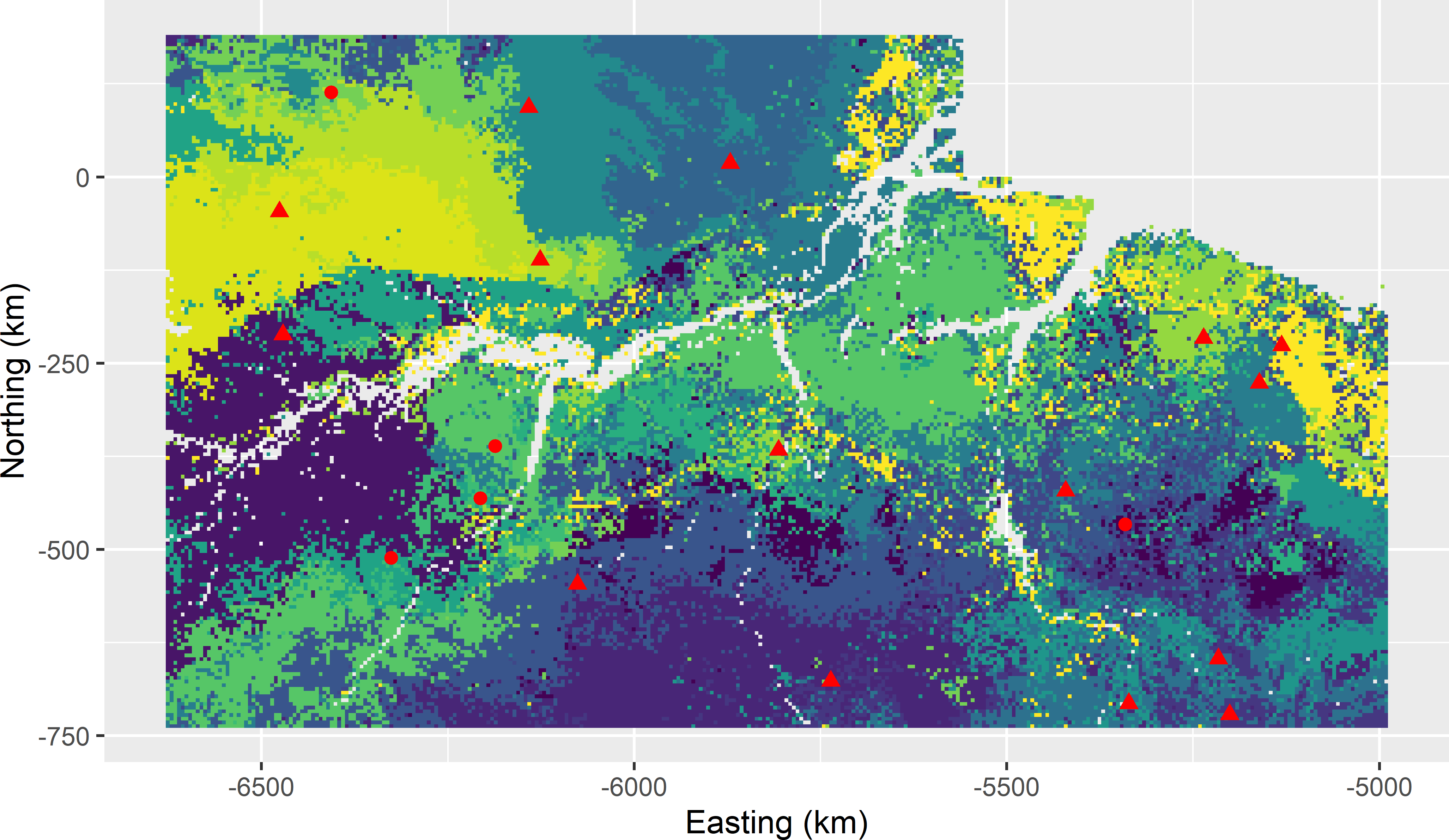 Covariate space infill sample of 15 units from Eastern Amazonia, obtained with k-means clustering and five fixed cluster centres, plotted on a map of the clusters. The dots represent the fixed centres (legacy sample), the triangles the infill sample.