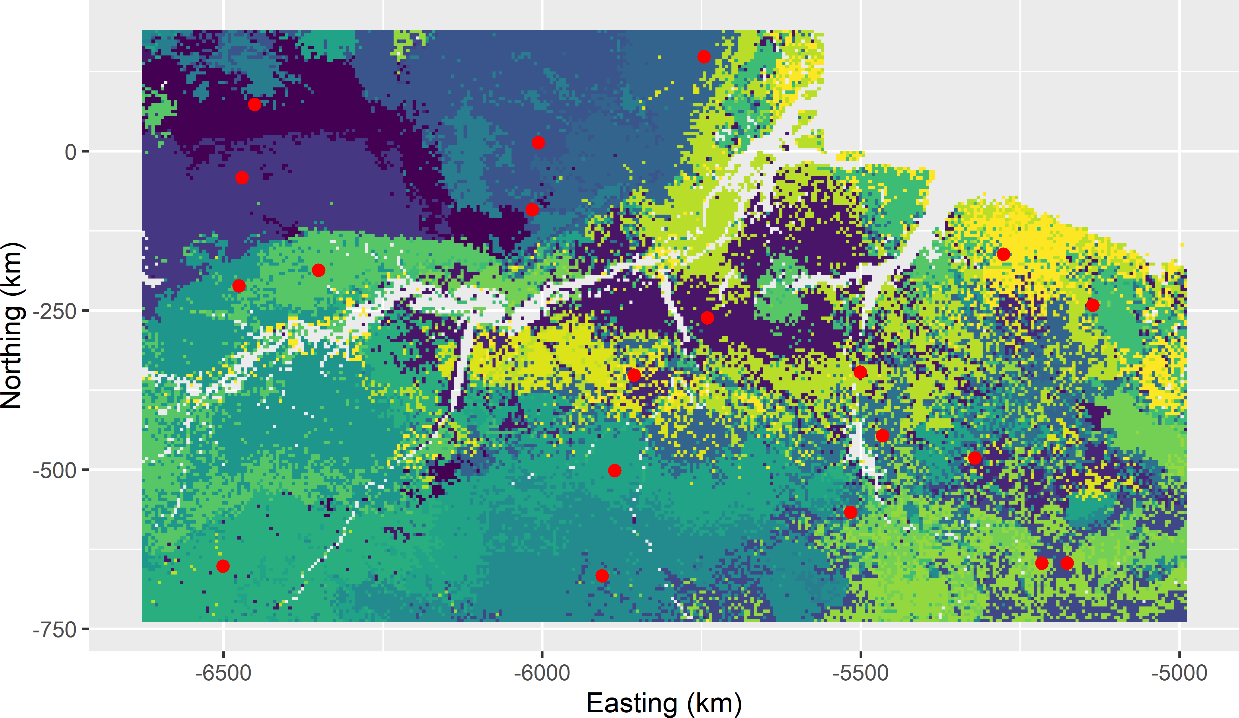 Covariate space coverage sample of 20 units from Eastern Amazonia, obtained with k-means clustering using five covariates, plotted on a map of the clusters.