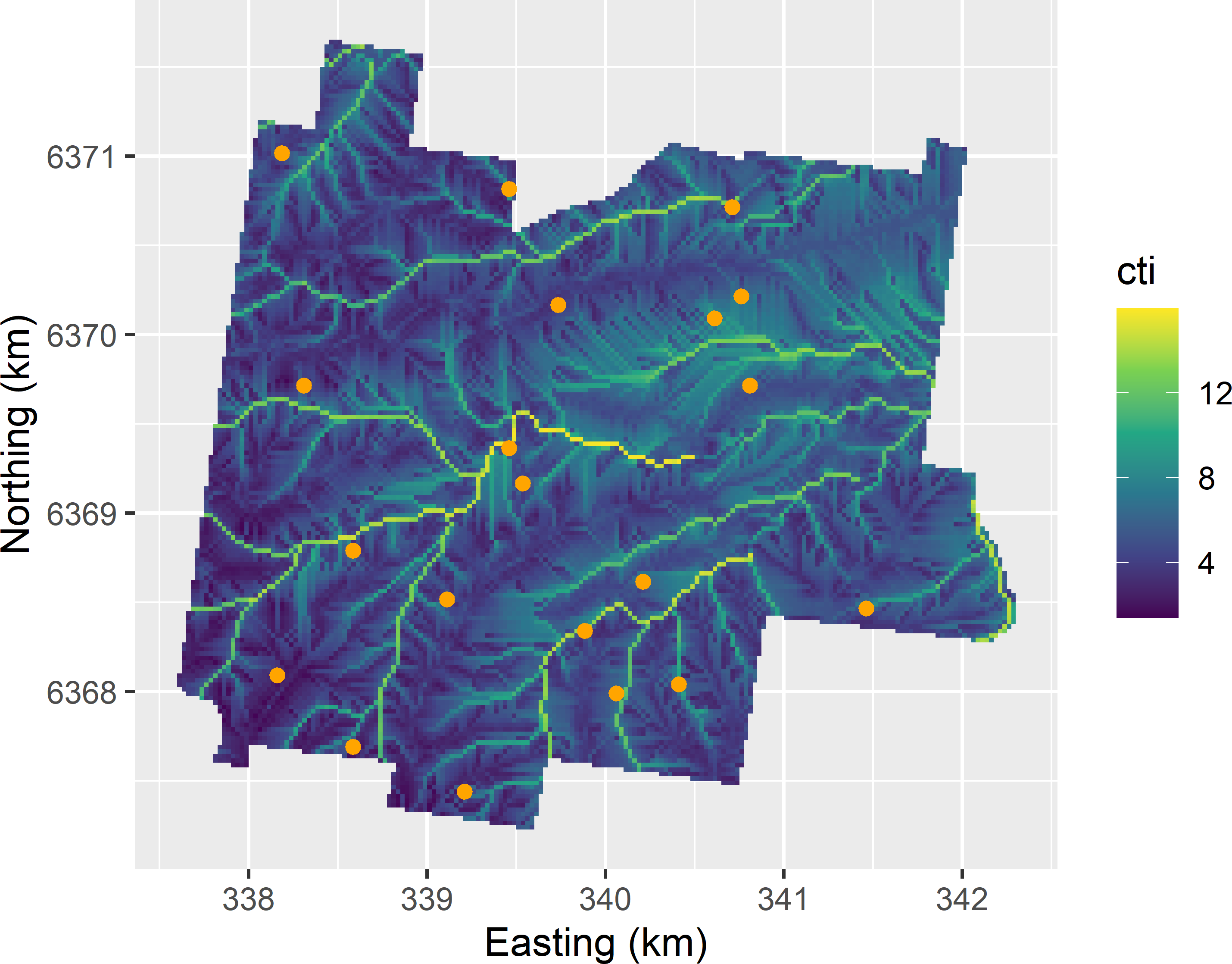 Covariate space coverage sample from  Hunter Valley, using cti, ndvi, and elevation as clustering variables, plotted on a map of cti.