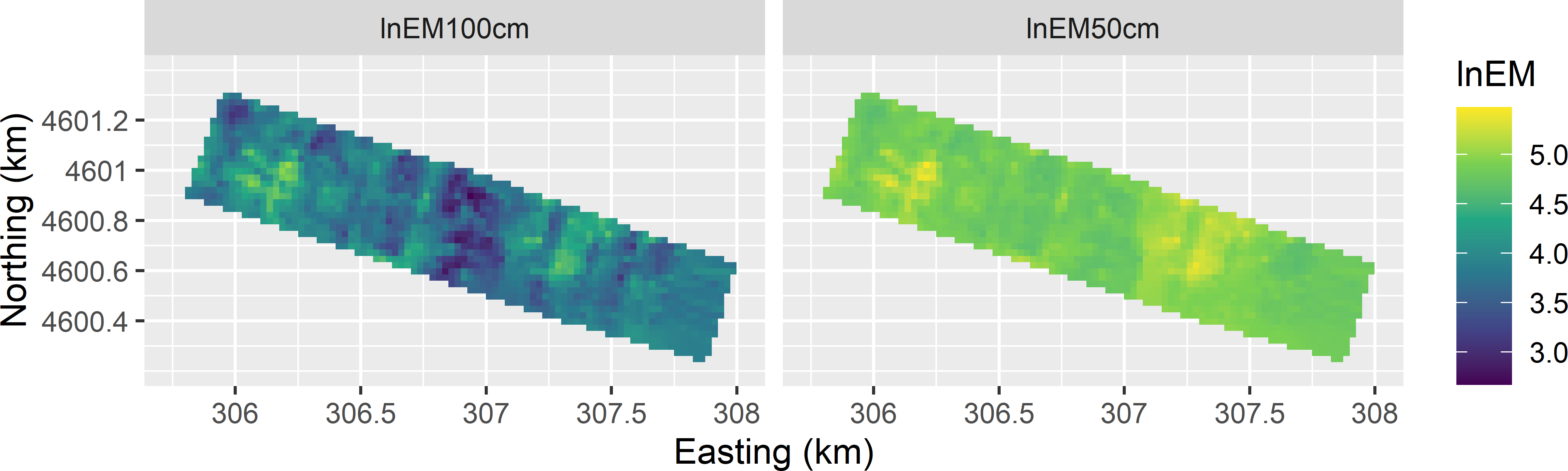 Interpolated surfaces of natural log of EM measurements on the Cotton Research Farm, used as covariates in spatial response surface sampling.