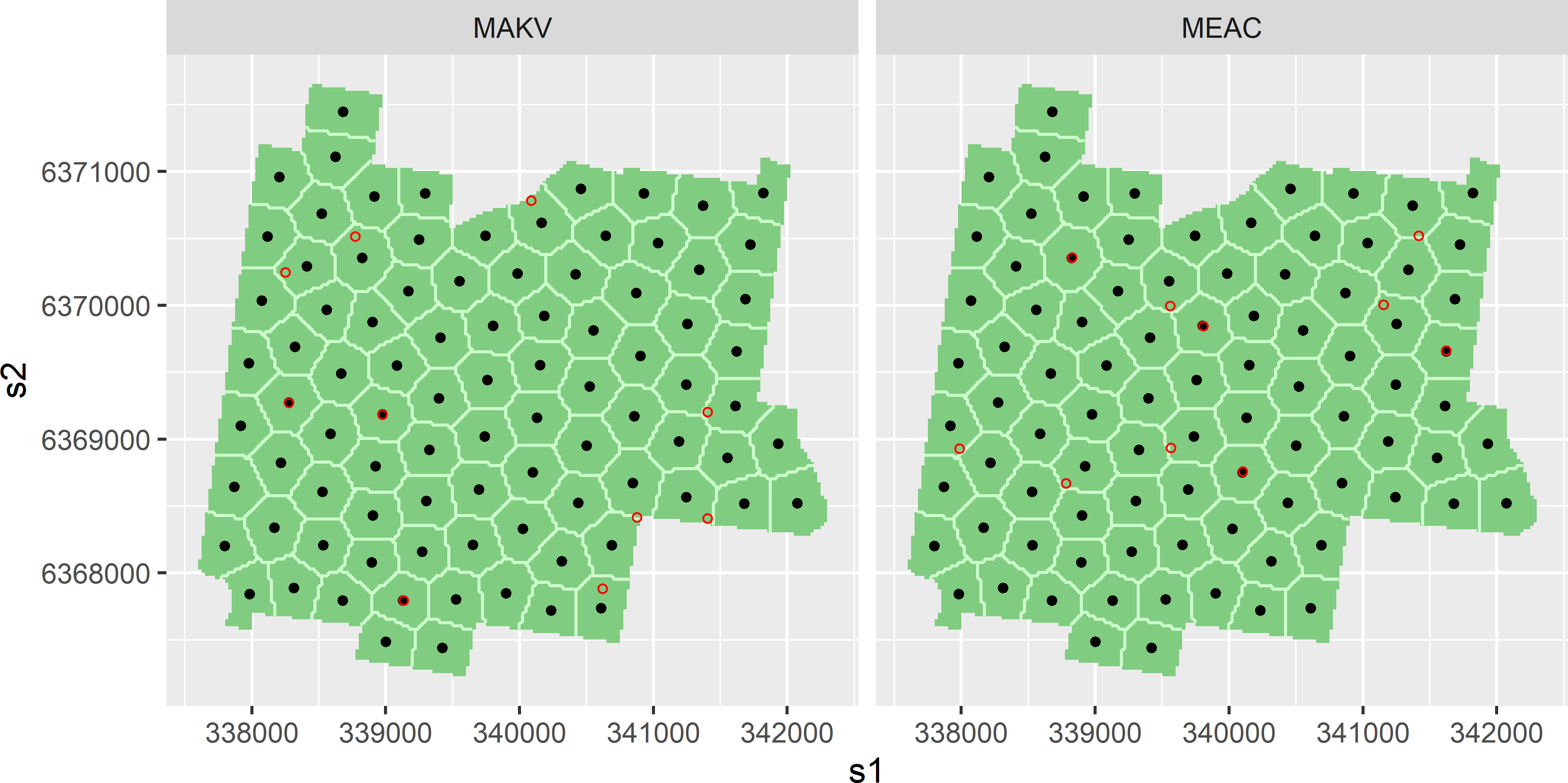 Optimised sampling pattern of 10 points supplemented to spatial coverage sample of 90 points, for semivariogram estimation and prediction, using the mean augmented kriging variance (MAKV) and the mean estimation adjusted criterion (MEAC) as a minimisation criterion. The prior semivariogram used in optimising the sampling pattern of the supplemental sample is an exponential semivariogram with a range of 200 m and a ratio of spatial dependence of 0.5.