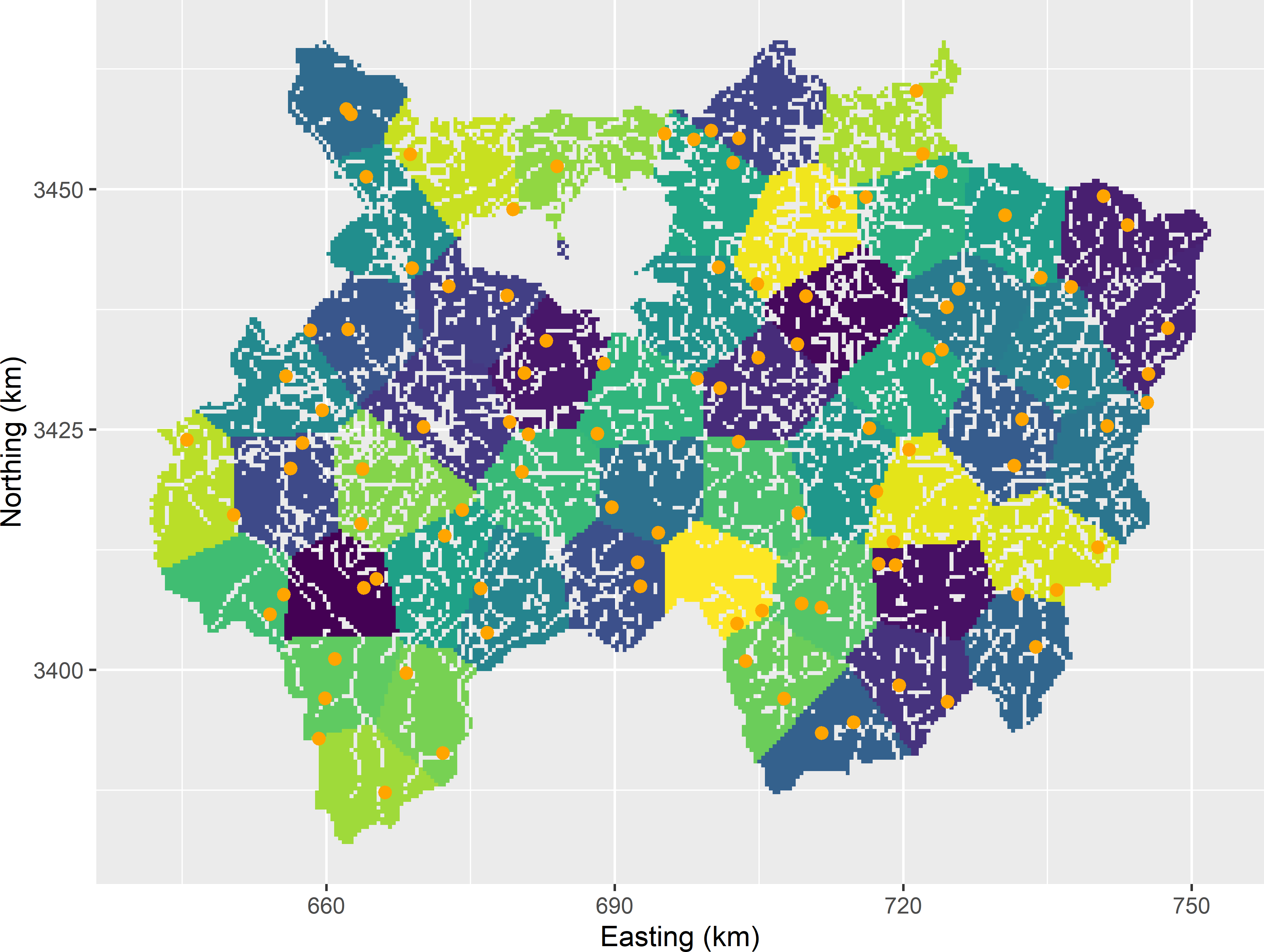 Compact geostrata of equal size for Xuancheng and stratified simple random sample of two points per stratum.