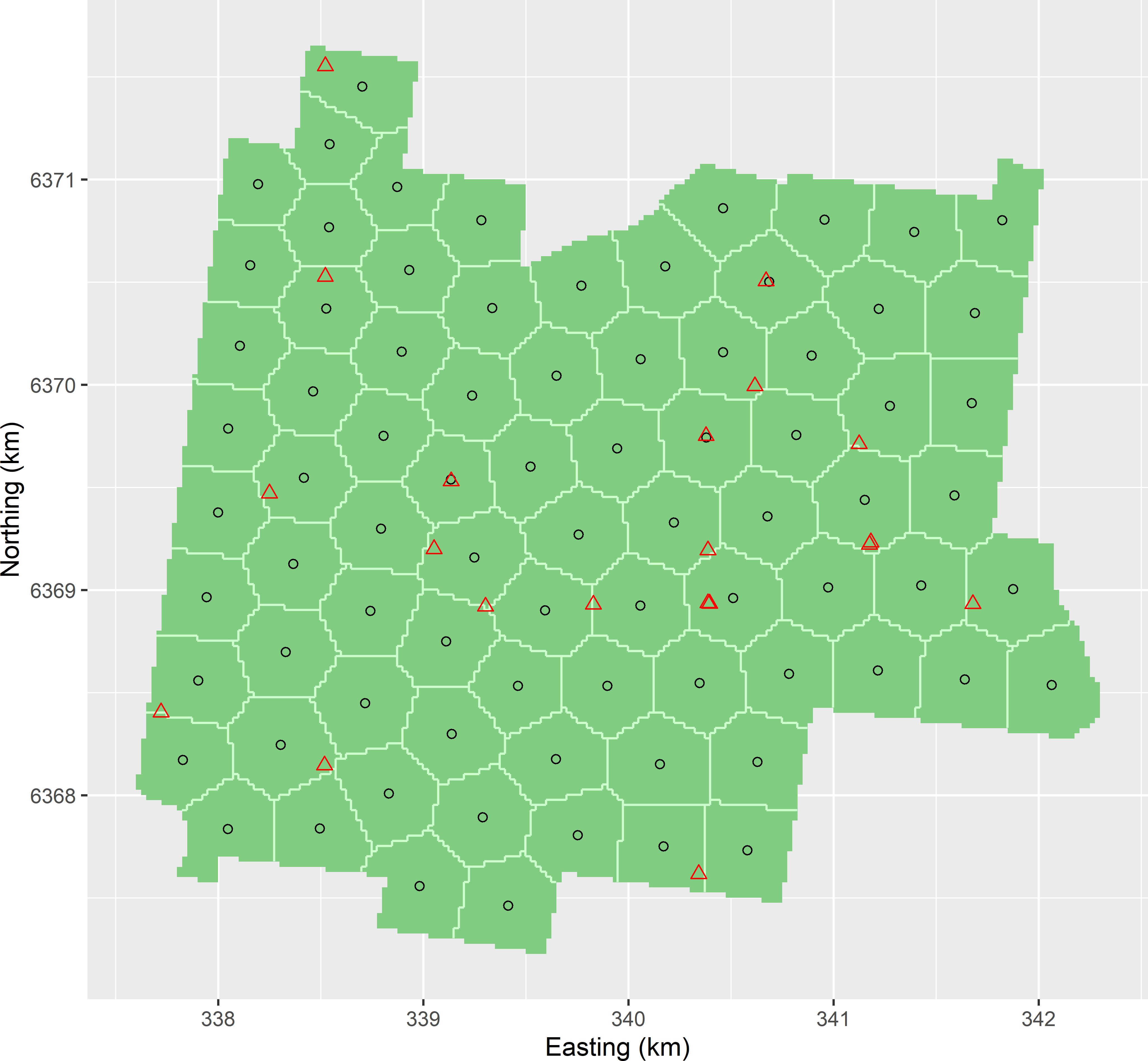 Optimised sample of 20 points supplemented to a spatial coverage sample of 80 points, using MEAC as a minimisation criterion. The sampling pattern of the supplemental sample is optimised with an exponential semivariogram with a range of 200 m and a ratio of spatial dependence of 0.8.