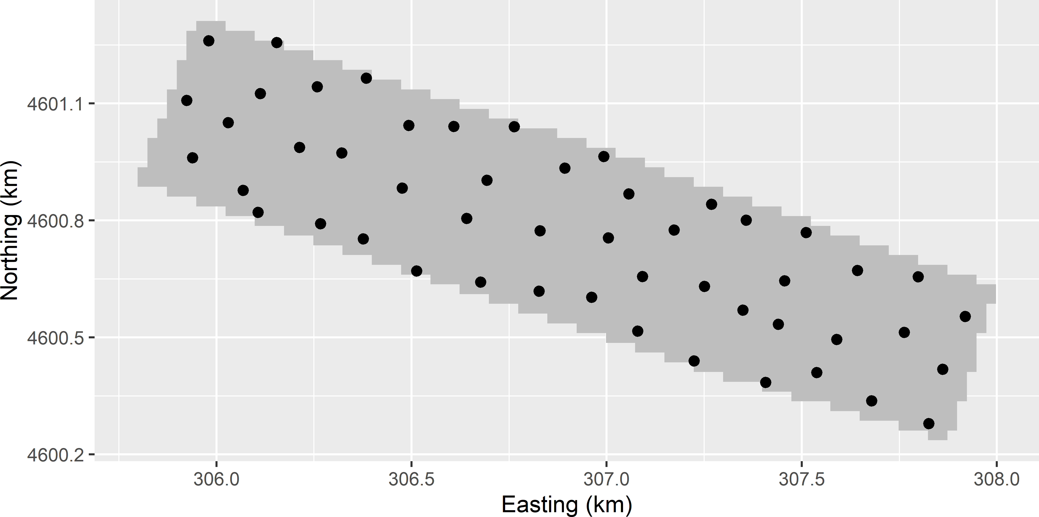 Optimised sampling pattern of 50 points on the Cotton Research Farm, using the P90 of ordinary kriging predictions of lnECe as a minimisation criterion.