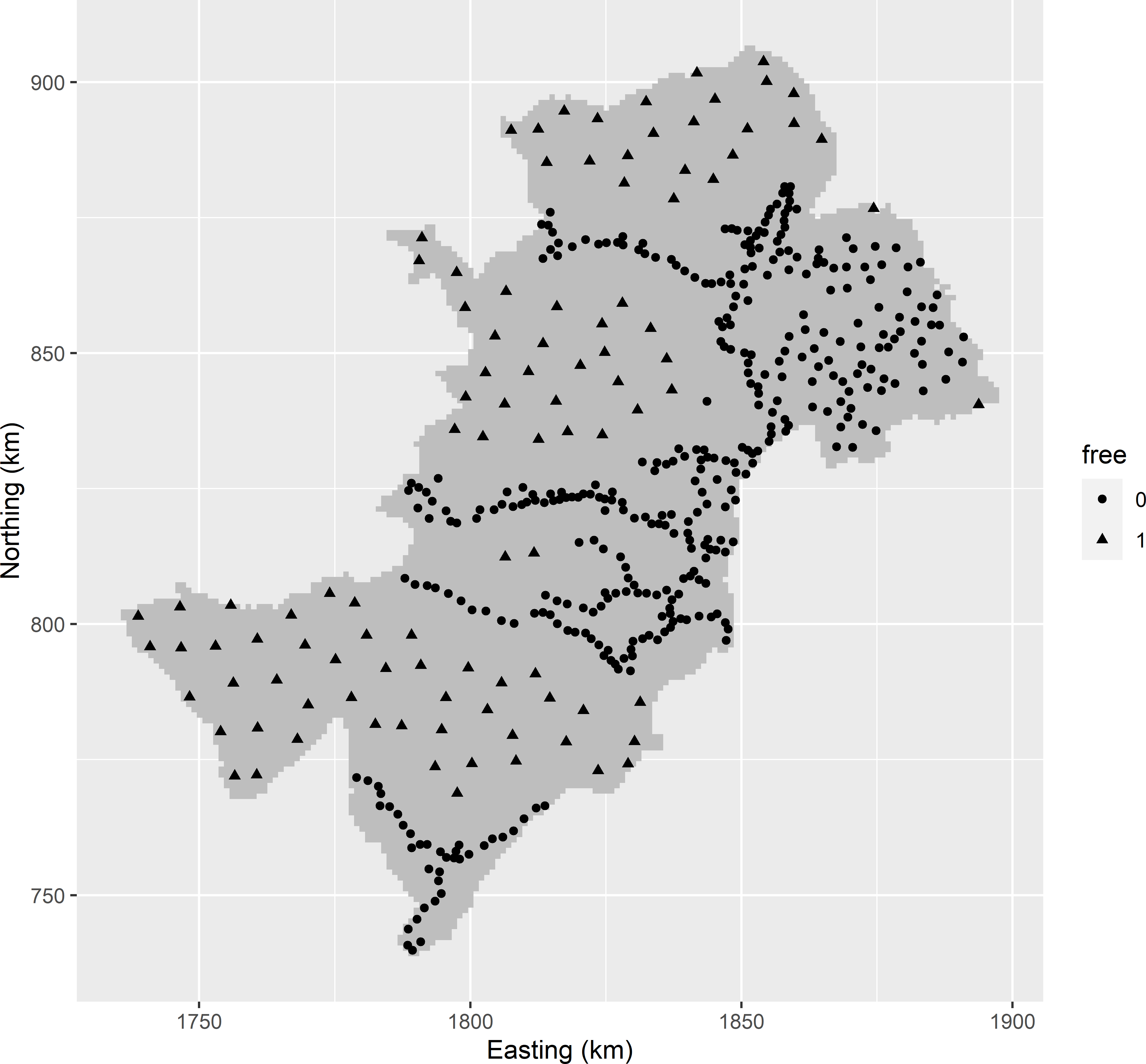 Model-based infill sample for OK of the SOM concentration throughout West-Amhara. Legacy units have free-value 0; infill units have free-value 1.