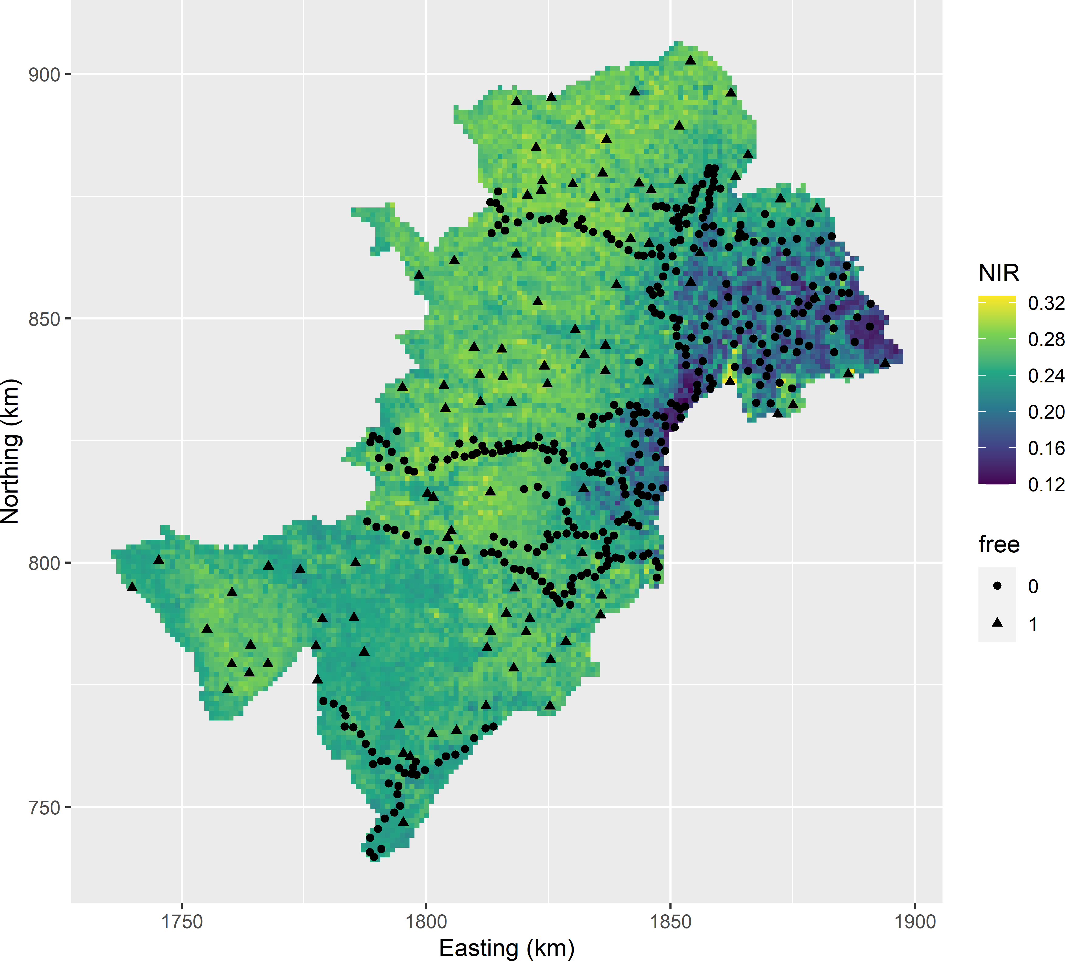 Model-based infill sample for KED of the SOM concentration throughout West-Amhara, plotted on a map of one of the covariates. Legacy units have free-value 0; infill units have free-value 1.