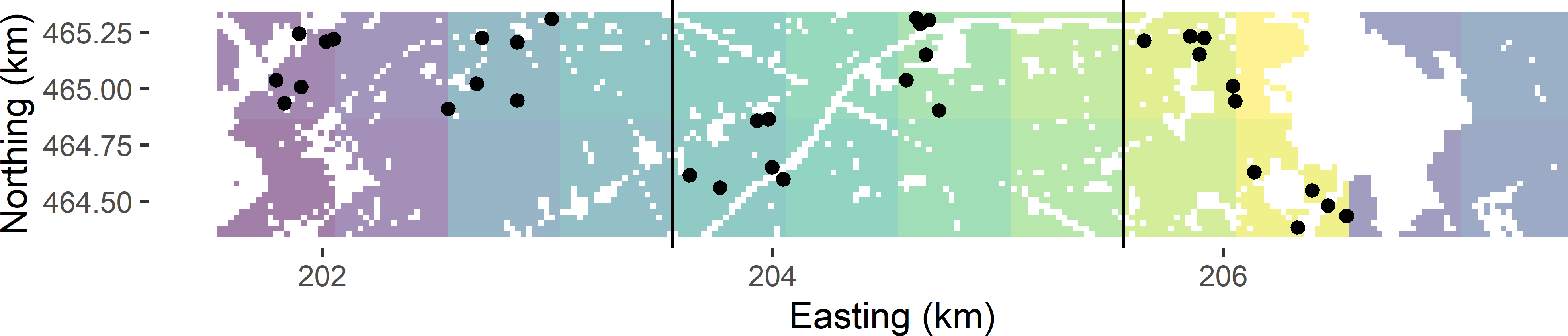 Stratified two-stage random sample from Voorst. Strata are groups of eight PSUs (0.5 km squares) within 2 km $\times$ 1 km blocks. From each stratum two times a PSU is selected by ppswr, and six SSUs (points) are selected per PSU draw by simple random sampling.