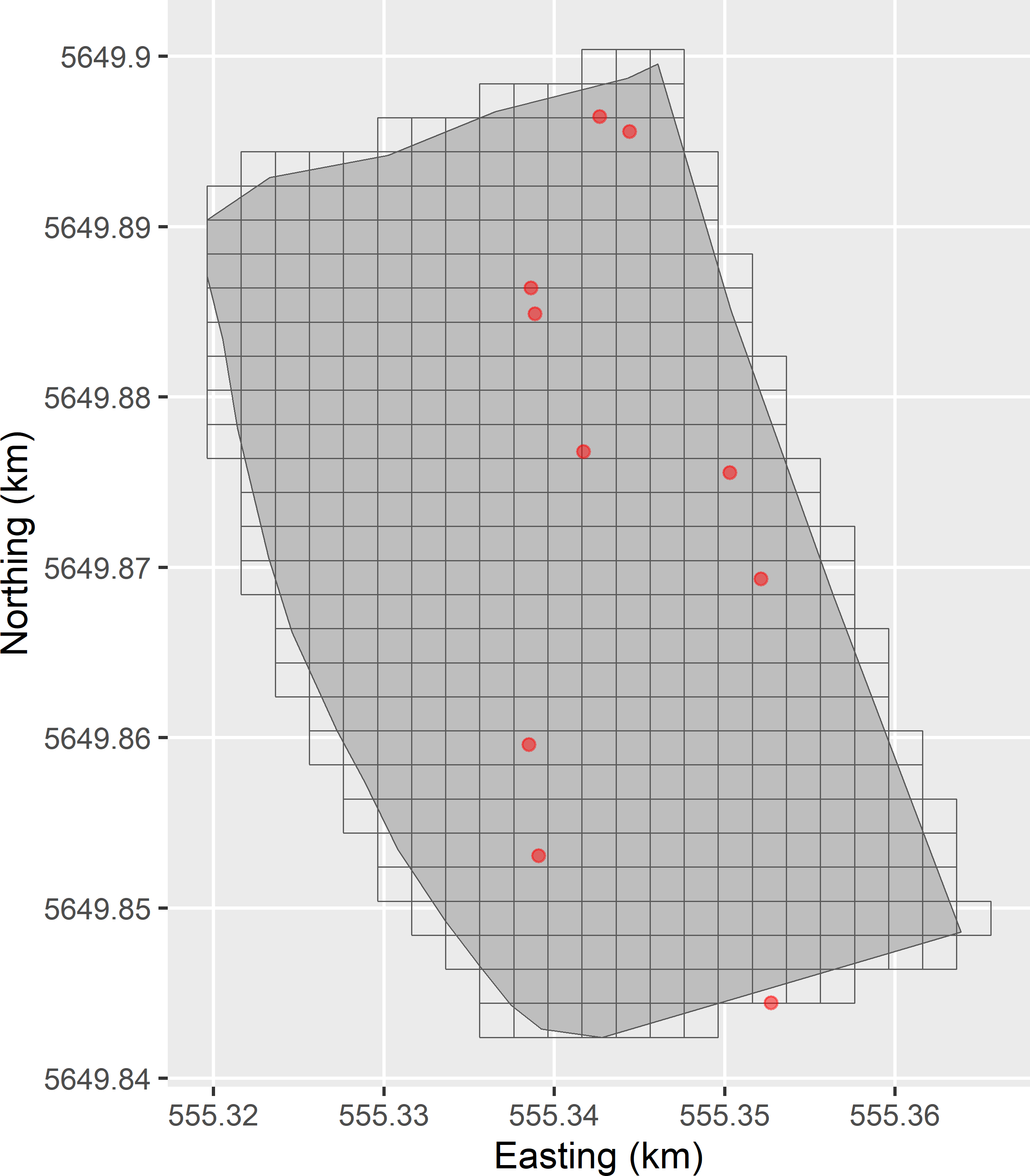 Sampling of points from discretised infinite population. The grid cells are randomly selected with replacement. Each time a grid cell is selected, a point is randomly selected from that grid cell.
