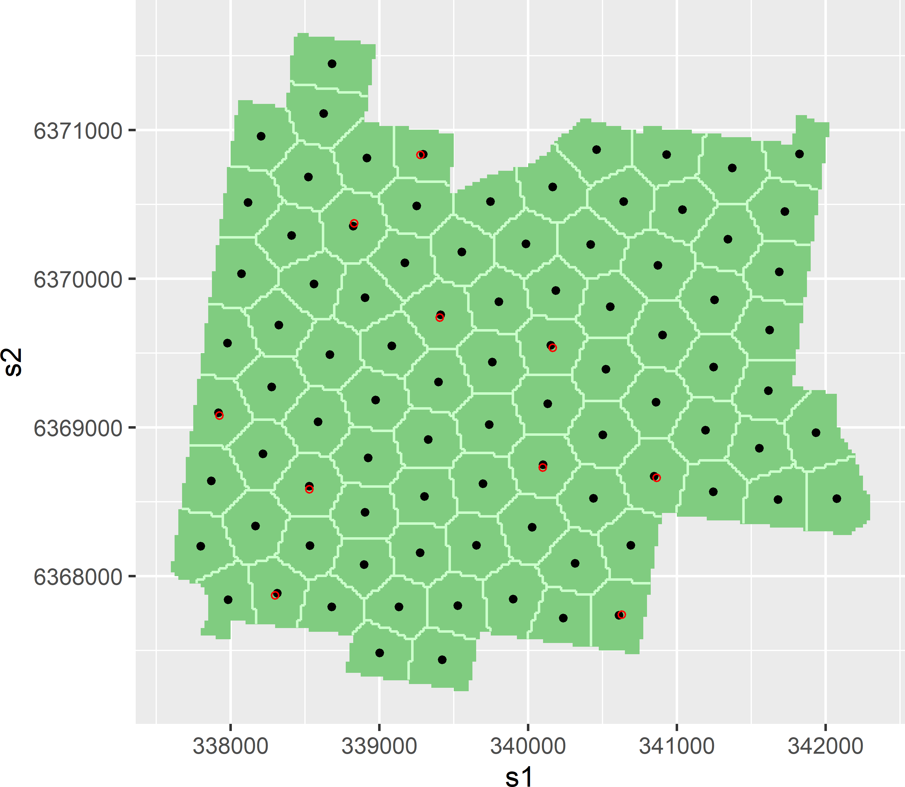 Spatial coverage sample of 90 points supplemented by 10 points at short distance (20 m) from randomly selected spatial coverage points.