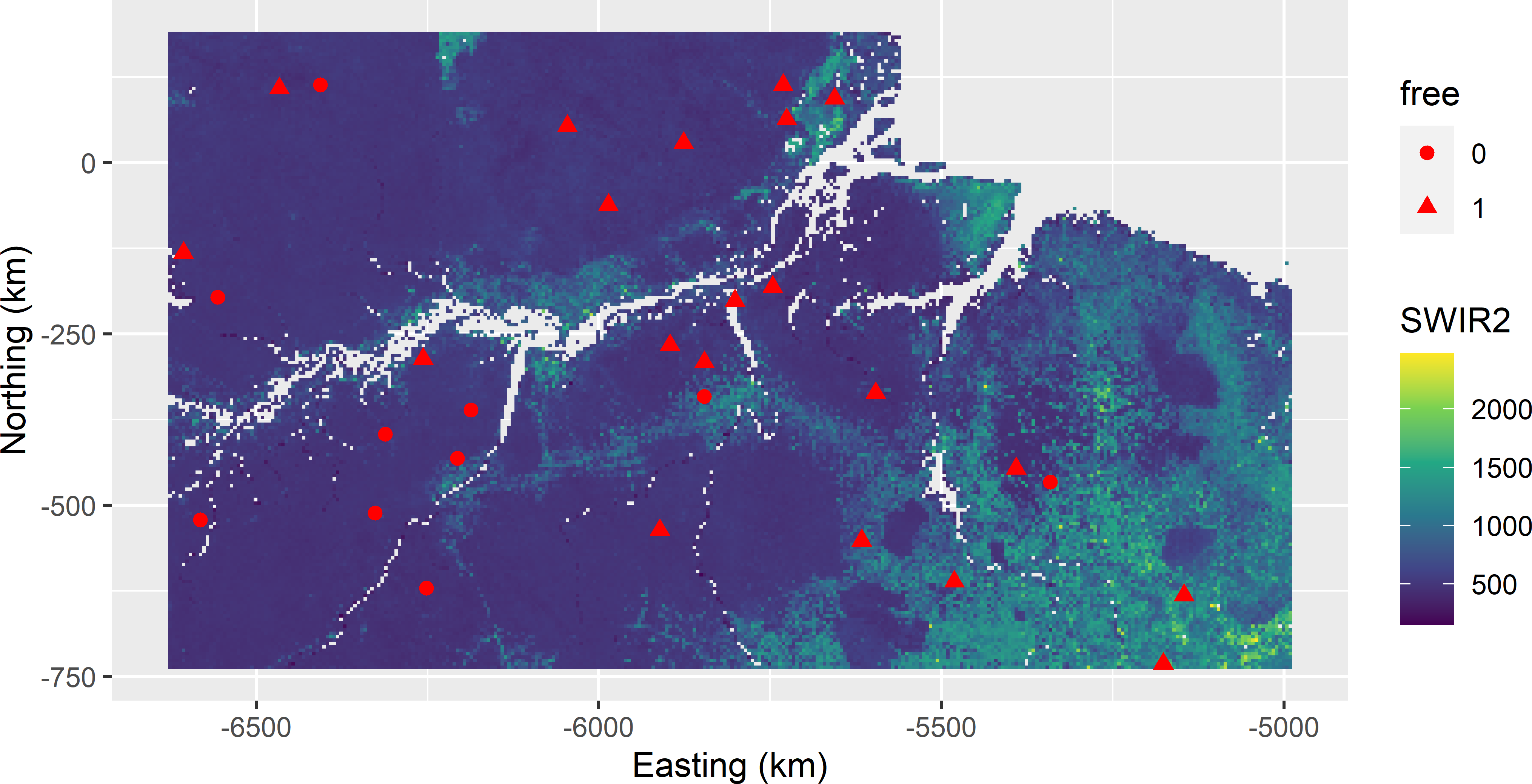 Conditioned Latin hypercube infill sample from Eastern Amazonia in a map of SWIR2. Legacy units have free-value 0; infill units have free-value 1.