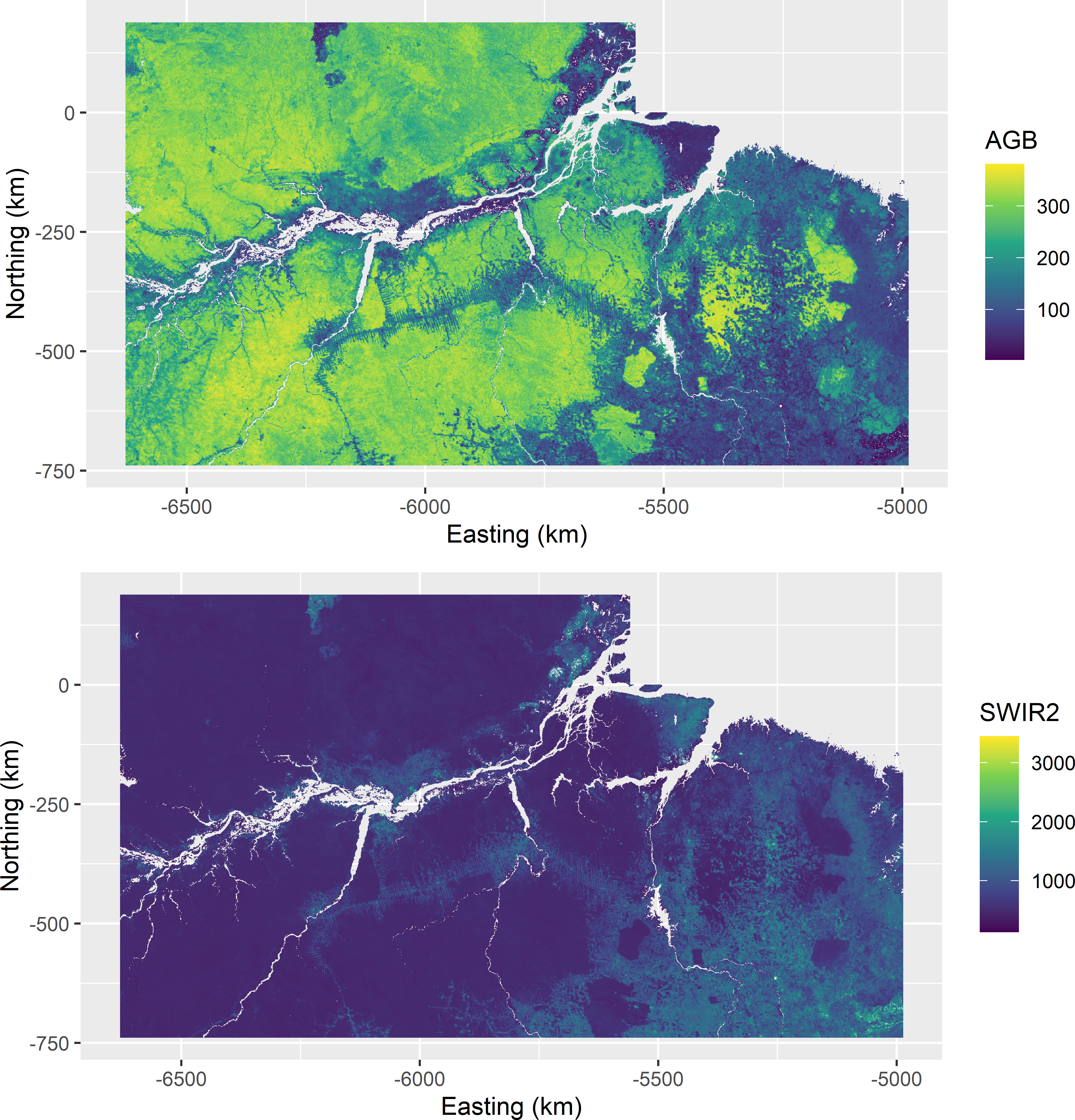 Aboveground biomass (AGB) in 109 kg ha-1 and short-wave infrared radiation (SWIR2) of Eastern Amazonia.