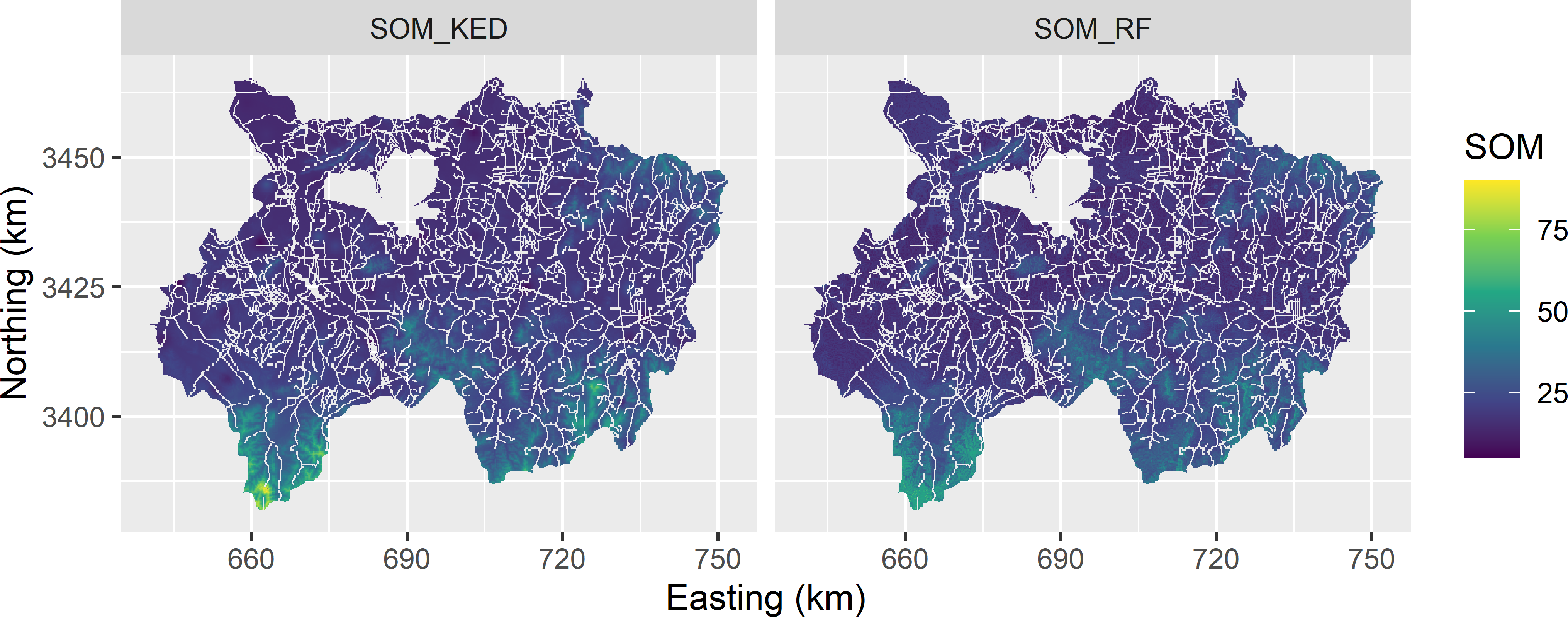 Map of the SOM concentration (g kg-1) in the topsoil of Xuancheng, obtained by kriging with an external drift (KED) and random forest (RF).