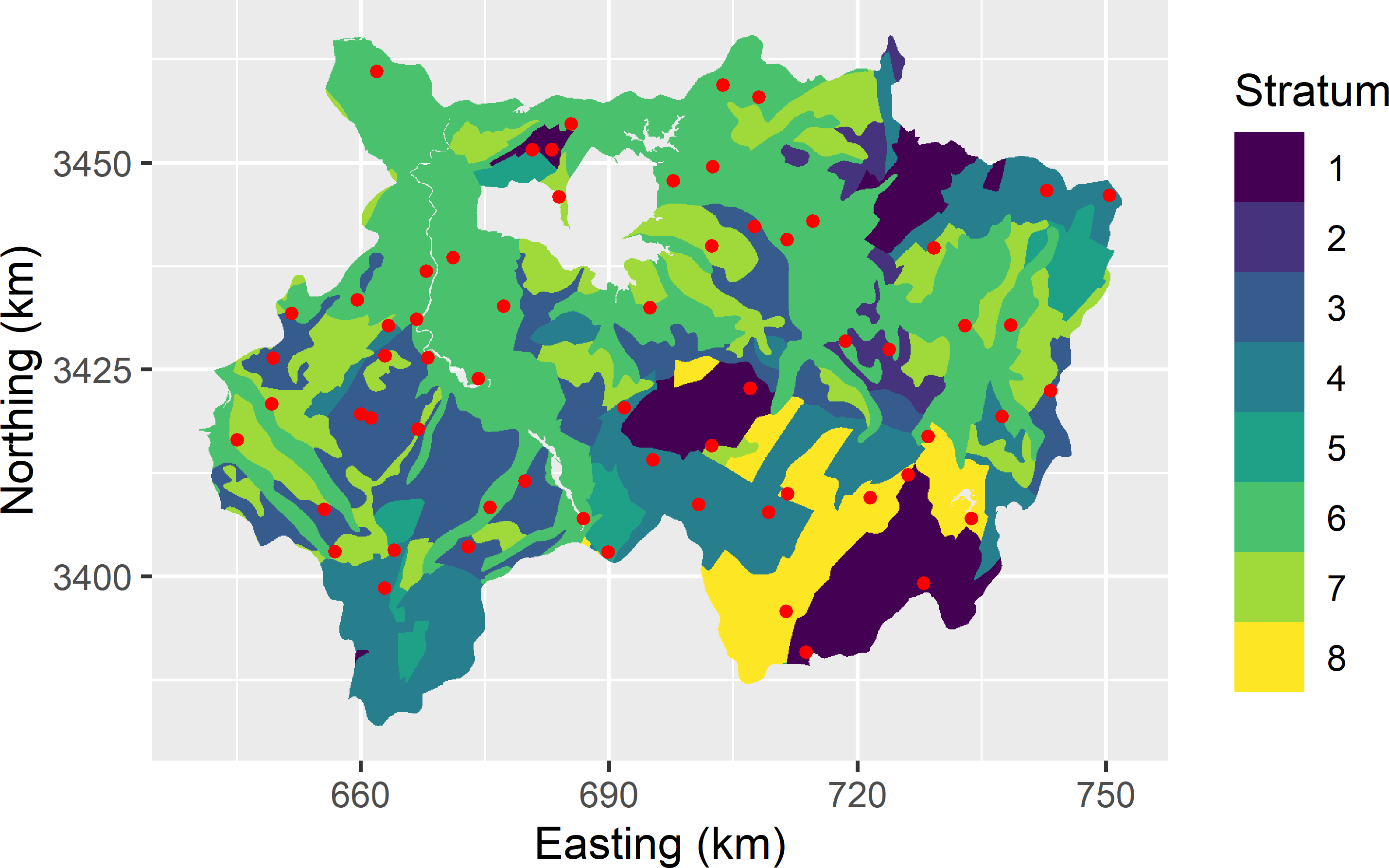 Stratified simple random sample for validation of the two maps of the SOM concentration in Xuancheng.